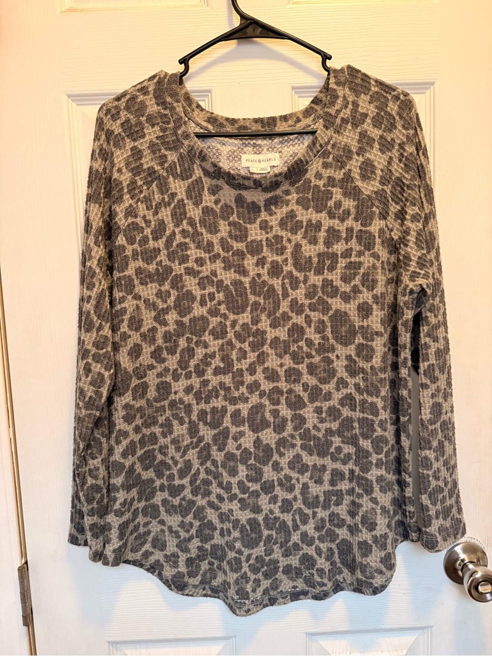 Pleione Gray Leopard-Print Long Sleeve Knit Top